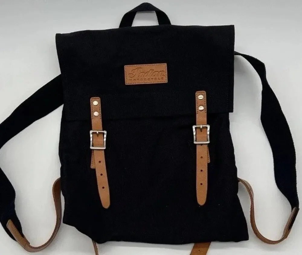 Indian Motorcycle Scout Bobber Black Canvas Leather Straps Backpack Rucksack Bag